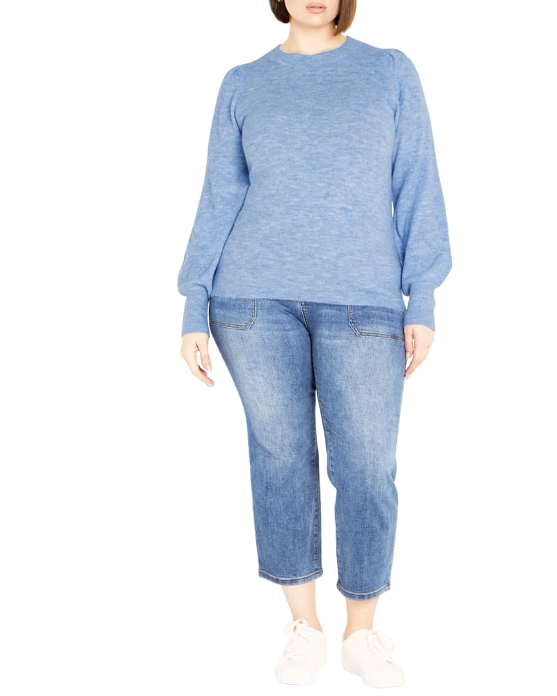 Front of a model wearing a size 22/24 Nicky Pom Pom Sweater in Sky Blue by avenue. | dia_product_style_image_id:323580